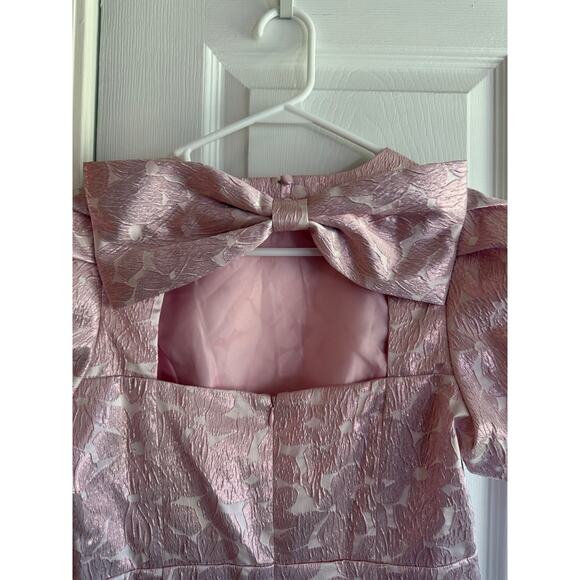 TCEC Pink Metallic Jacquard Dress Puff Sleeve Open Back Bow Size medium - Picture 6 of 8